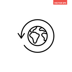 Black round globe with sync arrow path line icon, simple flat design vector pictogram, infographic vector for app logo label web button banner ui ux interface elements isolated on white background