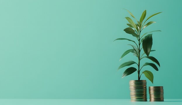Restaurant business growth concept with coins and a plant growing on the money stack, on a green background for a financial site background