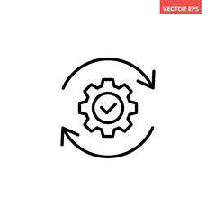 Black single round gear workflow confirmed line icon, cogwheel process successful flat design vector pictogram, infographic interface elements for app logo web button ui isolated on white background