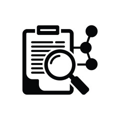 Clipboard with magnifying glass and molecular structure icon