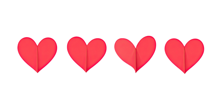 Four red paper hearts on black background