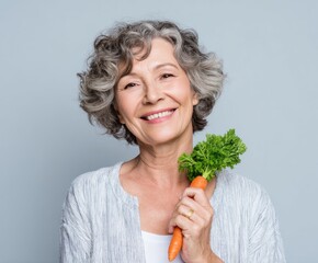 A joyful senior woman holds a carrot with fresh greens, showcasing a healthy lifestyle against a neutral backdrop.