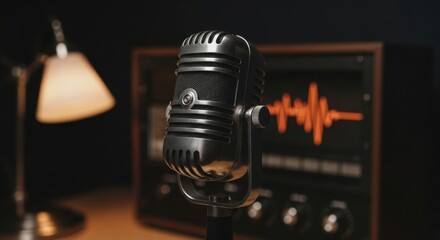 Vintage microphone and radio display with audio waveform