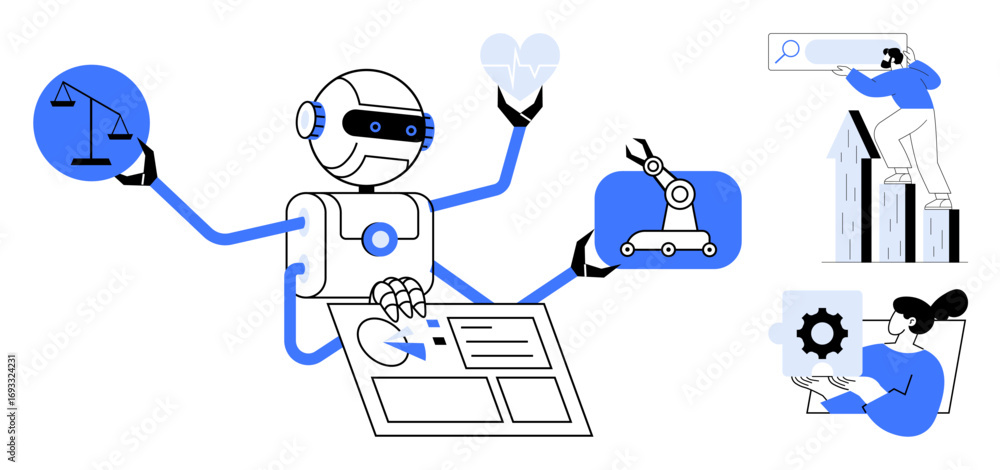 Aufkleber robot multitasking with heart and scale, analyzing data, managing robotic arm, and collaboration wit