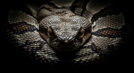 Obraz premium A close-up, dramatic portrait of a coiled venomous snake, its scales detailed and its eyes intensely focused, emerging from darkness.