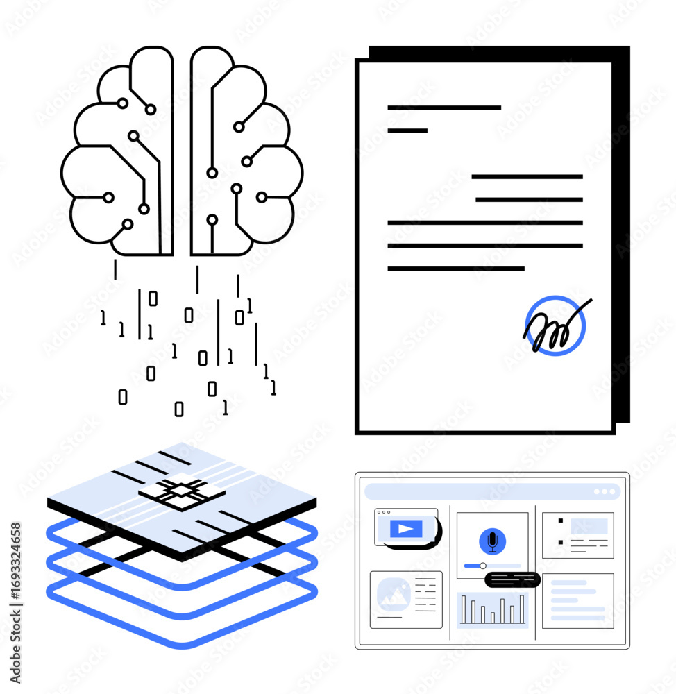 Poster brain symbolizing ai, binary data flow, signed documents, layered data structure, and dashboard inte