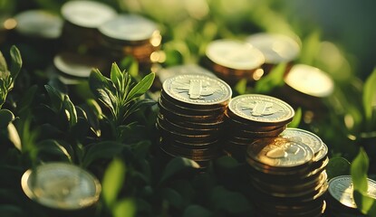 Restaurant business growth concept with coins and a plant growing on the money stack, on a green background for a financial site background