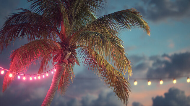 A palm tree decorated with pink string lights against a cloudy sky.