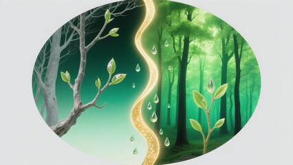 The image of forest and life transformation represents the concept of natural restoration and rejuvenation of beauty care, and is used in the promotion of natural beauty care products.
