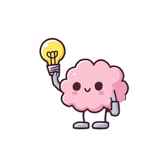 Cute pink brain character holding a lightbulb