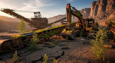 Abandoned mining machinery rusts in a desolate, sun-drenched quarry, overgrown with vegetation.