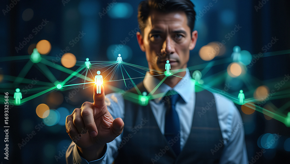 Poster man interacting with futuristic digital network of connections and glowing data points