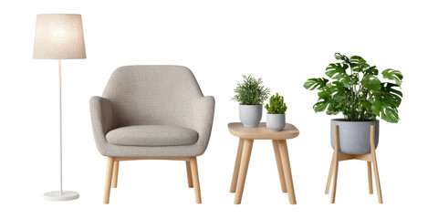 A minimalist living space featuring a light beige armchair, a floor lamp, and potted plants on small wooden tables