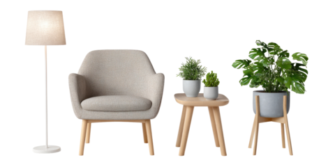 A minimalist living space featuring a light beige armchair, a floor lamp, and potted plants on small wooden tables