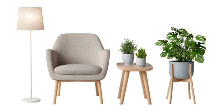 A minimalist living space featuring a light beige armchair, a floor lamp, and potted plants on small wooden tables