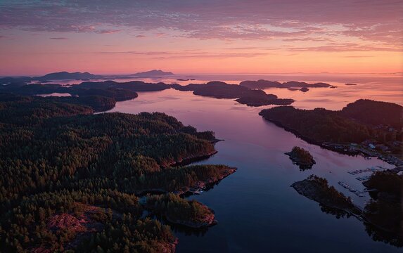 Aerial view of a fjord at sunrise