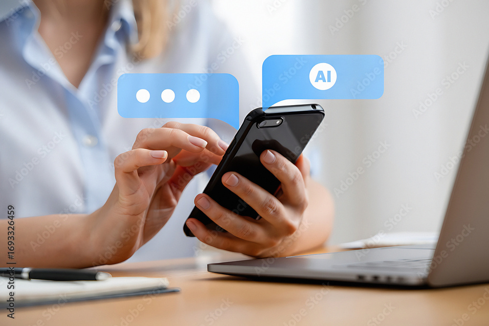 Aufkleber person using smartphone with digital interface overlay and laptop computer on desk