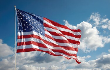 Obraz premium American flag waving in a partly cloudy sky
