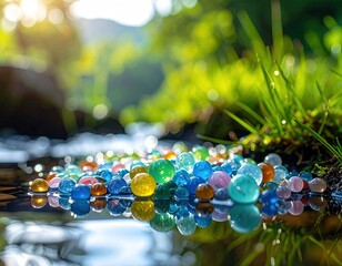 Naklejka premium Colorful Glass Beads in a Sunny Stream
