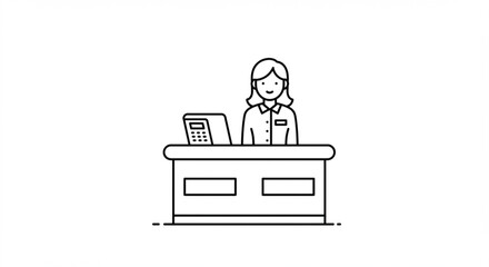 Illustration of a cashier woman standing behind a counter with a cash register in black and white line art vreated with genrated ai