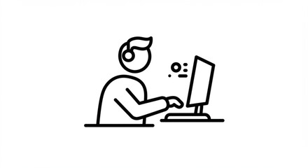 Person with headset typing on a computer in black and white line art style icon illustration vreated with genrated ai
