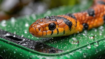 Fototapeta premium Close-up of a colorful snake on a wet surface