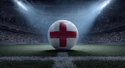 Naklejka premium Soccer ball in stadium spotlights