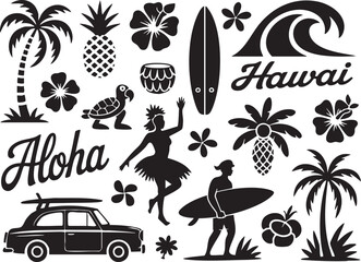 Hawaii Aloha Icon Set – Tropical Elements with Surfer, Hula Dancer, Pineapple, and Ocean Wave