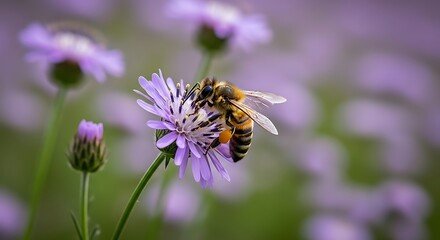 A Honeybee Actively Pollinates A Vibrant Purple Flower, With Visible Pollen On Its Legs, Captured In A Detailed Close-Up Against A Softly Blurred Natural Background.