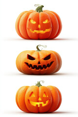 Carved pumpkins with various expressions, glowing from within, create festive Halloween atmosphere