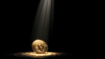 Bitcoin coin illuminated by spotlight on a dark background symbolizes the rise of cryptocurrency in modern finance