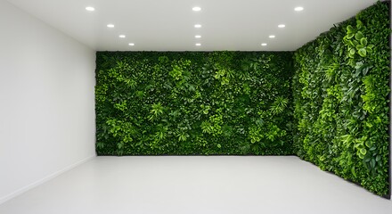 Empty square room with Artificial Green Plant Wall Exhibit, a variety of artificial green plants arranged in a dense, lush wall display