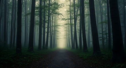 Obraz premium A Secluded Forest Path Leading To A Bright, Mysterious Light Through Dense Trees And Fog.