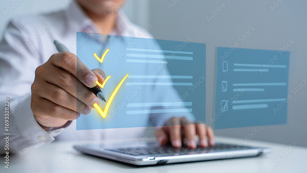 Poster person interacting with a digital document and holographic interface for data management and decisio