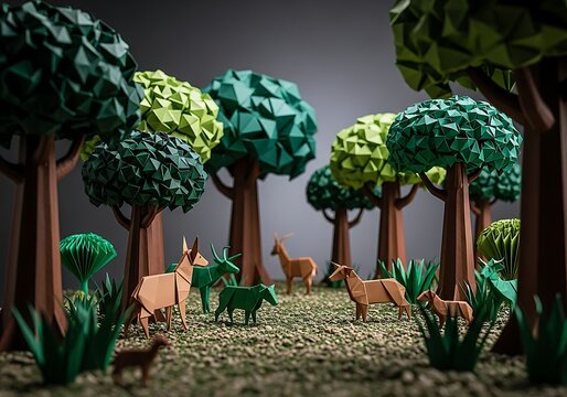 An Enchanting Origami Forest Scene Features Paper Deer Grazing Amidst Geometric Trees And Green Foliage. - Powered by Adobe