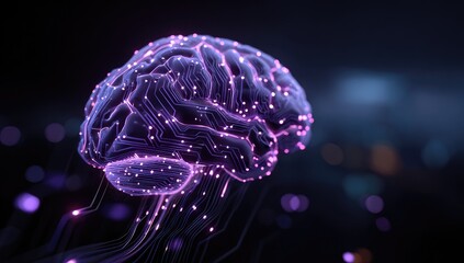 A 3D rendering of a brain, highlighted with glowing purple circuitry and dots