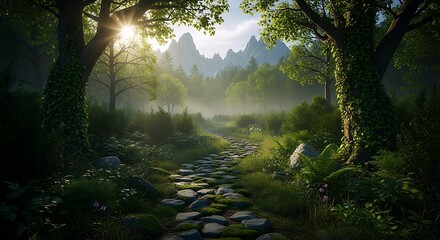 A Serene Stone Path Winds Through A Lush, Sun-Drenched Forest Towards Distant Mountains, Evoking A Sense Of Peace And Natural Beauty.