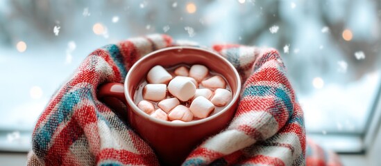 A red mug filled with hot chocolate and marshmallows is nestled in a cozy plaid blanket near a snowy window.  Snowflakes fall softly outside