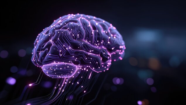 A 3D rendering of a brain, highlighted with glowing purple circuitry and dots - Powered by Adobe