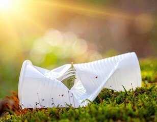 Crushed White Plastic Cup on Green Moss with Sunlight