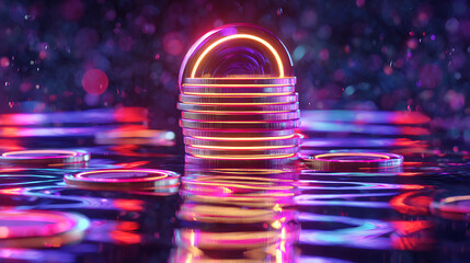 Colorful neon coins reflection creates an enchanting atmosphere in a digital art piece