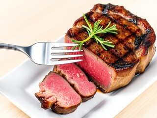 Juicy grilled steak with a fork piercing a slice on a white plate