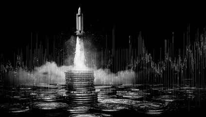 Rocket launching from stack of coins.  Abstract financial chart overlay