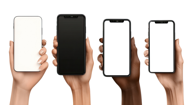 Four hands hold smartphones with blank screens (1)