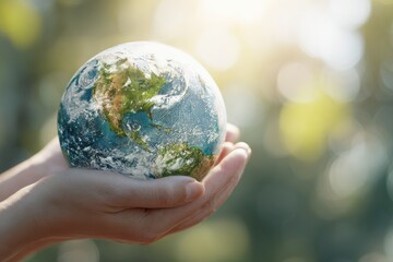 Earth held gently in hands, sunlight bokeh