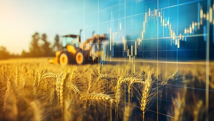A photo of an abstract stock market graph with wheat field and a yellow harvester working in it.