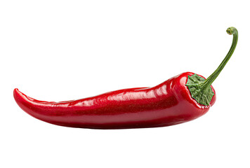 Close-up of a vibrant red chili pepper, lying horizontally, with a pointed stem.  