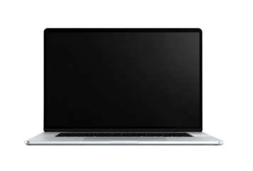 Front view of a light gray laptop with a dark screen