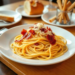 Delicious spaghetti carbonara with bacon and parmesan cheese