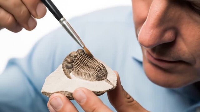 Paleontologist carefully cleaning a fossil of a trilobite with a brush in a studio setting